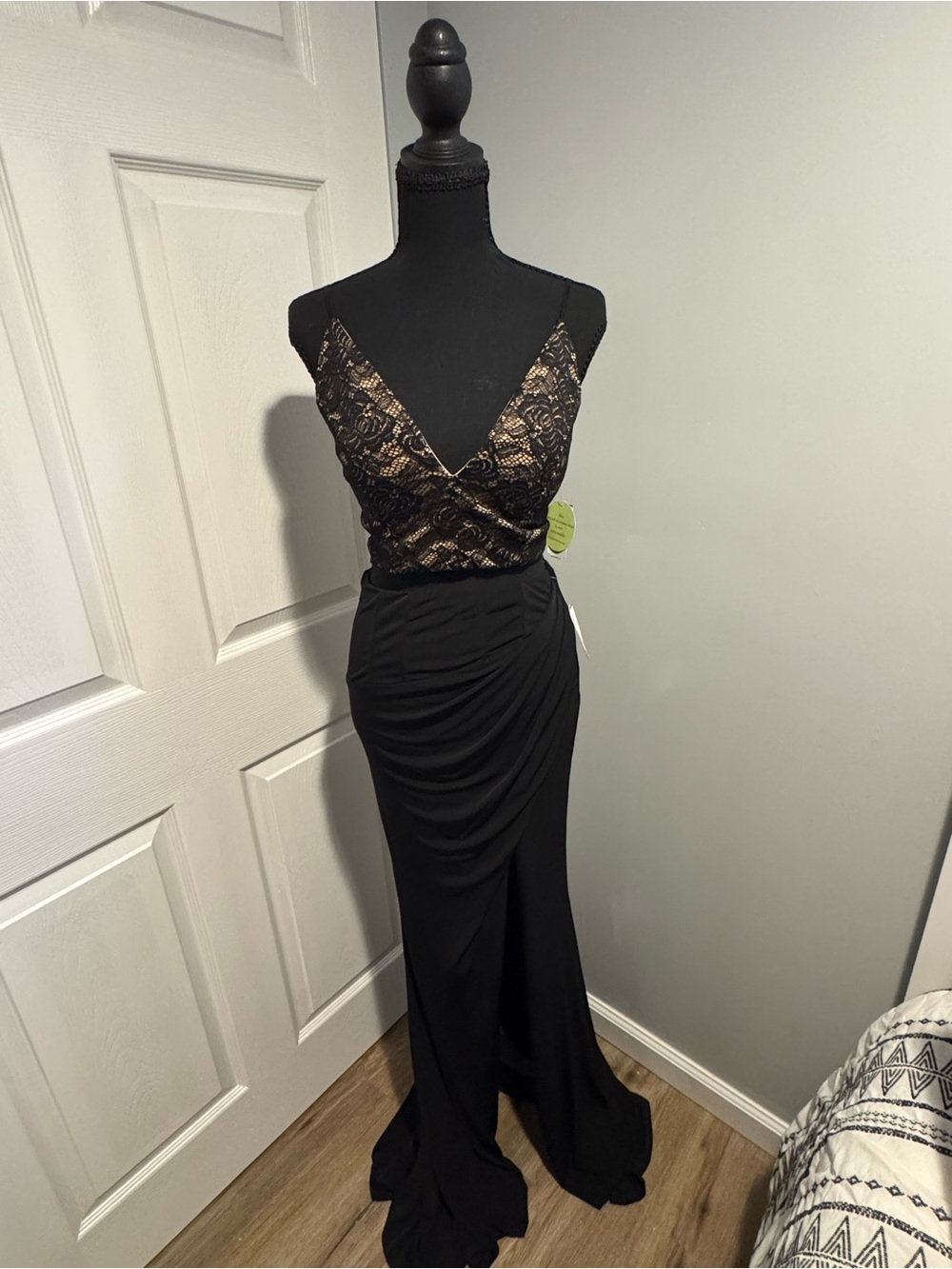 Elegant Black Lace Wrap-Front Evening Gown